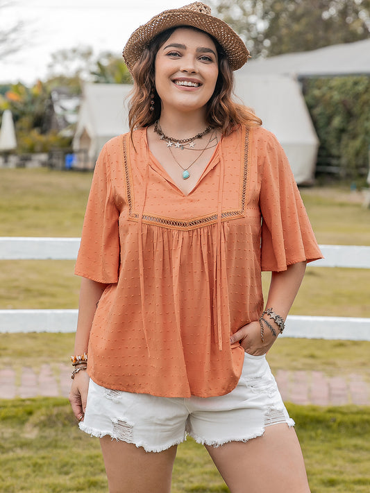 Plus Size Ruched Tie Neck Half Sleeve Boho Blouse - Spirit and Rebel [Spirit and Rebel] Tangerine 0XL 