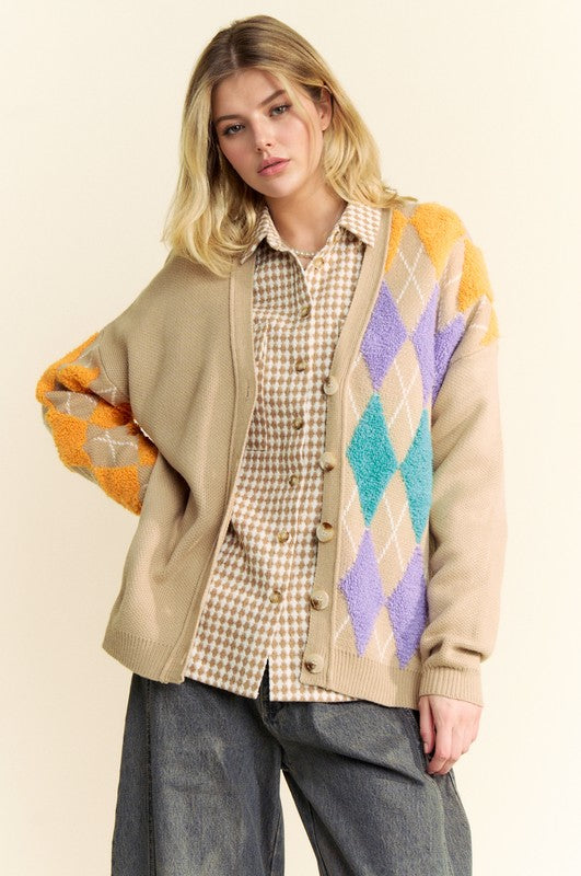 Argyle V-Neck Dropped Shoulder Cardigan [Spirit and Rebel]