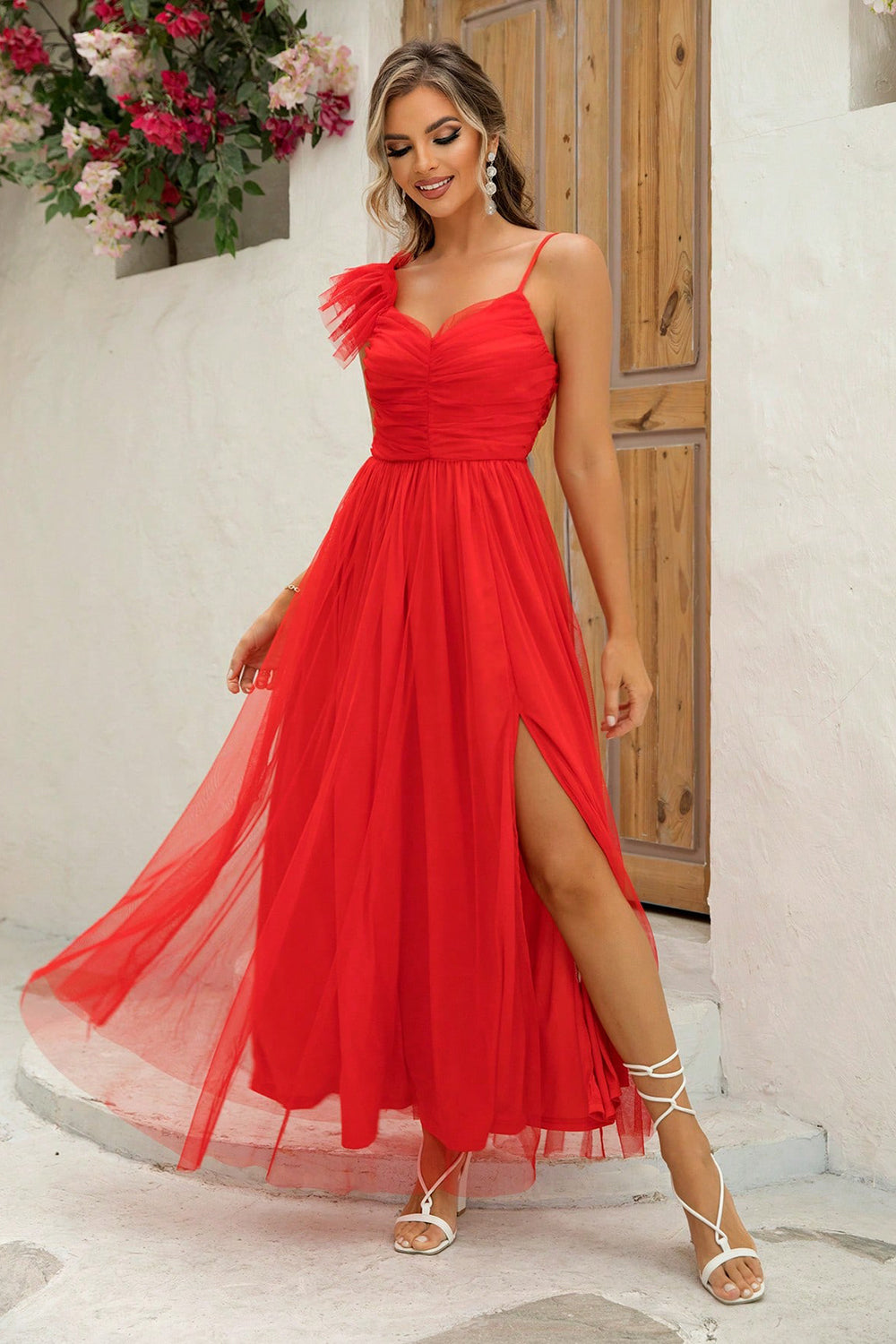 Asymmetrical Ruched Slit Boho Wedding Guest Dress [Spirit and Rebel]   