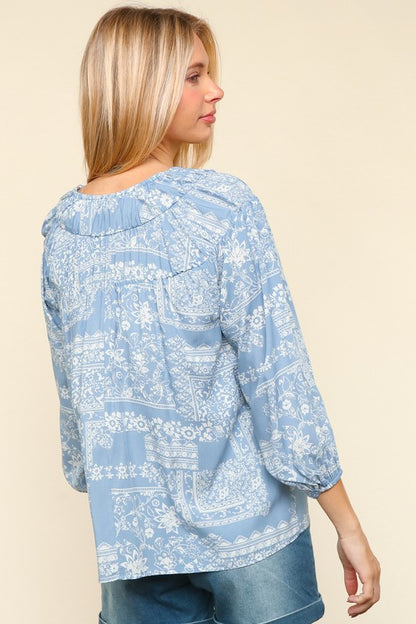 Plus Size Printed Notched Balloon Sleeve Blouse [Spirit and Rebel]