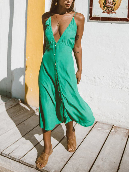 Buttoned Plunge Midi Boho Cami Boho Dress - Spirit and Rebel [Spirit and Rebel] Green S 