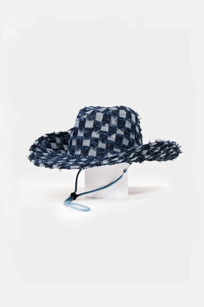 Fame Checkered Fringe Denim Cowboy Hat [Spirit and Rebel] Dark Blue One Size 