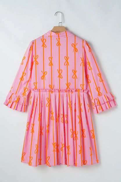 Spirit and Rebel Ruffled Bow Printed Three-Quarter Sleeve Boho Chic Shirt Dress [Spirit and Rebel]   