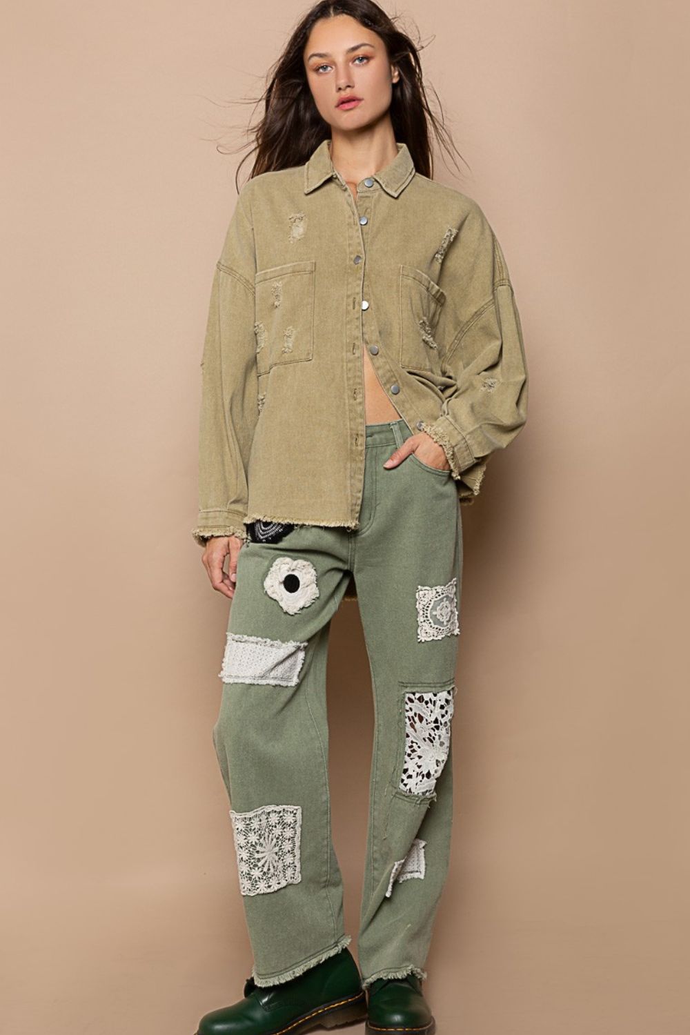 Button Down Raw Hem Distressed Shacket - Spirit and Rebel [Spirit and Rebel]   