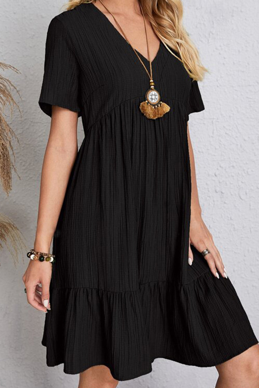 Boho Chic  Plus Size Ruched V-Neck Short Sleeve Dress [Spirit and Rebel]   