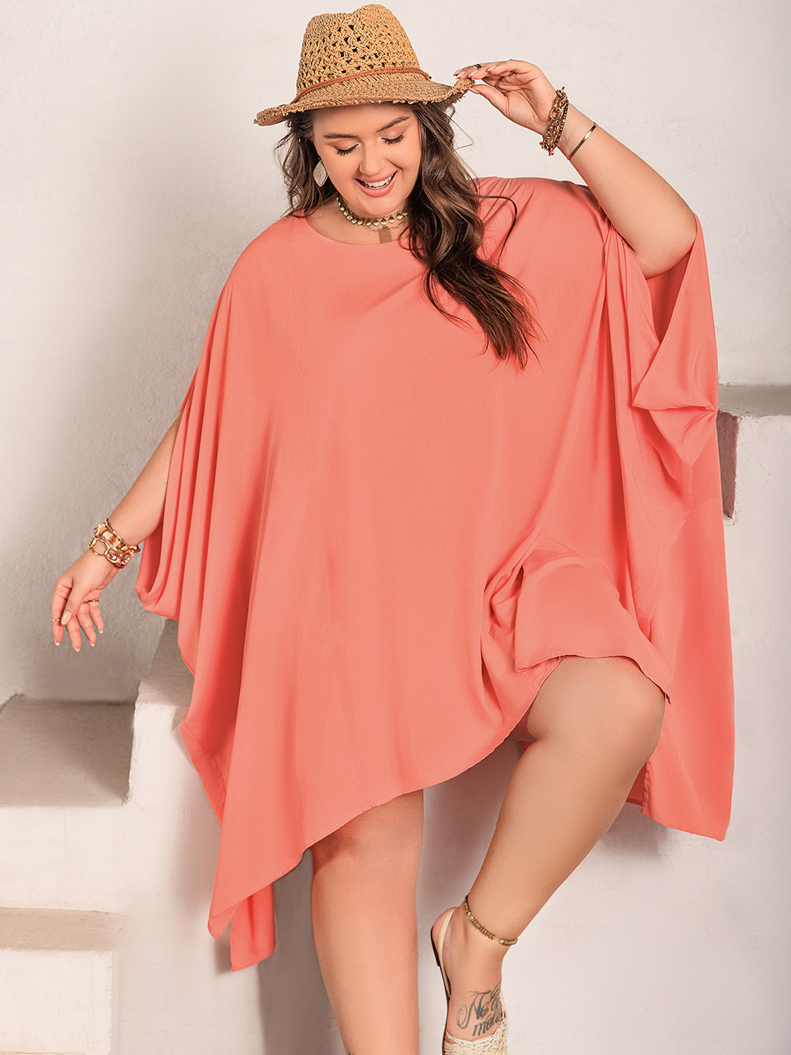 Plus Size Round Neck Batwing Sleeve Mini Boho Dress - Spirit and Rebel [Spirit and Rebel]   