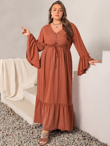 Plus Size V-Neck Flare Sleeve Maxi Boho Dress - Spirit and Rebel [Spirit and Rebel]   