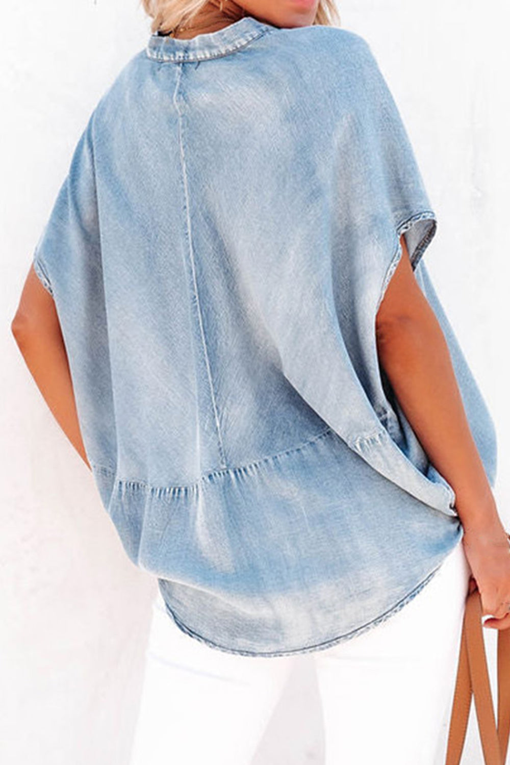 Notched Short Sleeve Boho Denim Top [Spirit and Rebel]   