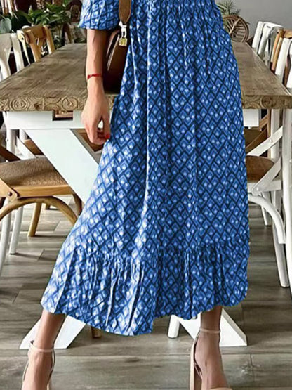 Smocked Printed V-Neck Midi Boho Dress - Spirit and Rebel [Spirit and Rebel]   