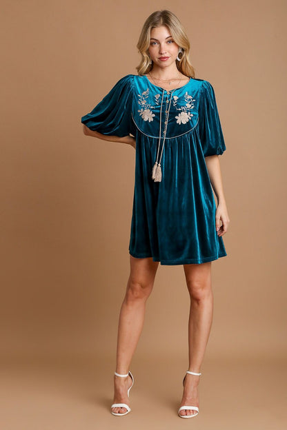 Embroidered Half Sleeve Velvet Mini Dress with Tassel [Spirit and Rebel]