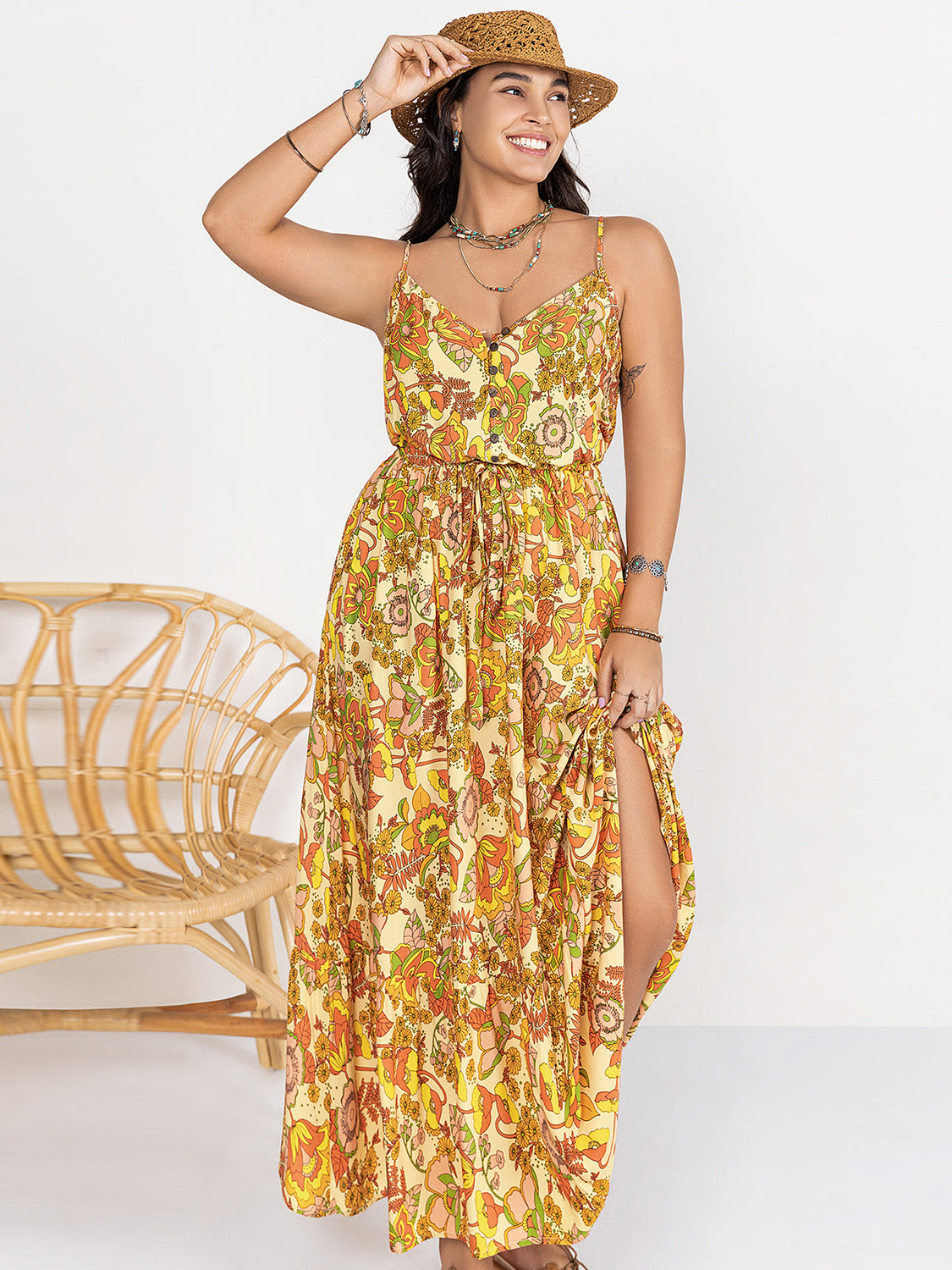 Plus Size Printed V-Neck Maxi Boho Cami Boho Dress - Spirit and Rebel [Spirit and Rebel] Gold 0XL 