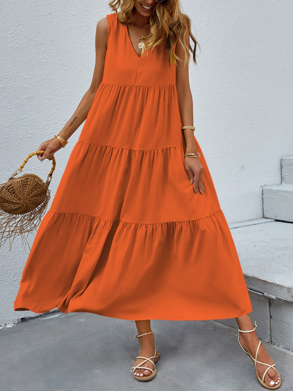 Boho Chic  Tiered V-Neck Sleeve Dress [Spirit and Rebel] Orange S 