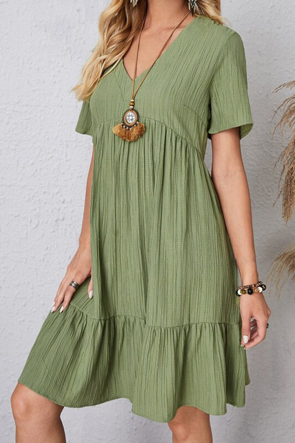 Boho Chic  Plus Size Ruched V-Neck Short Sleeve Dress [Spirit and Rebel]   