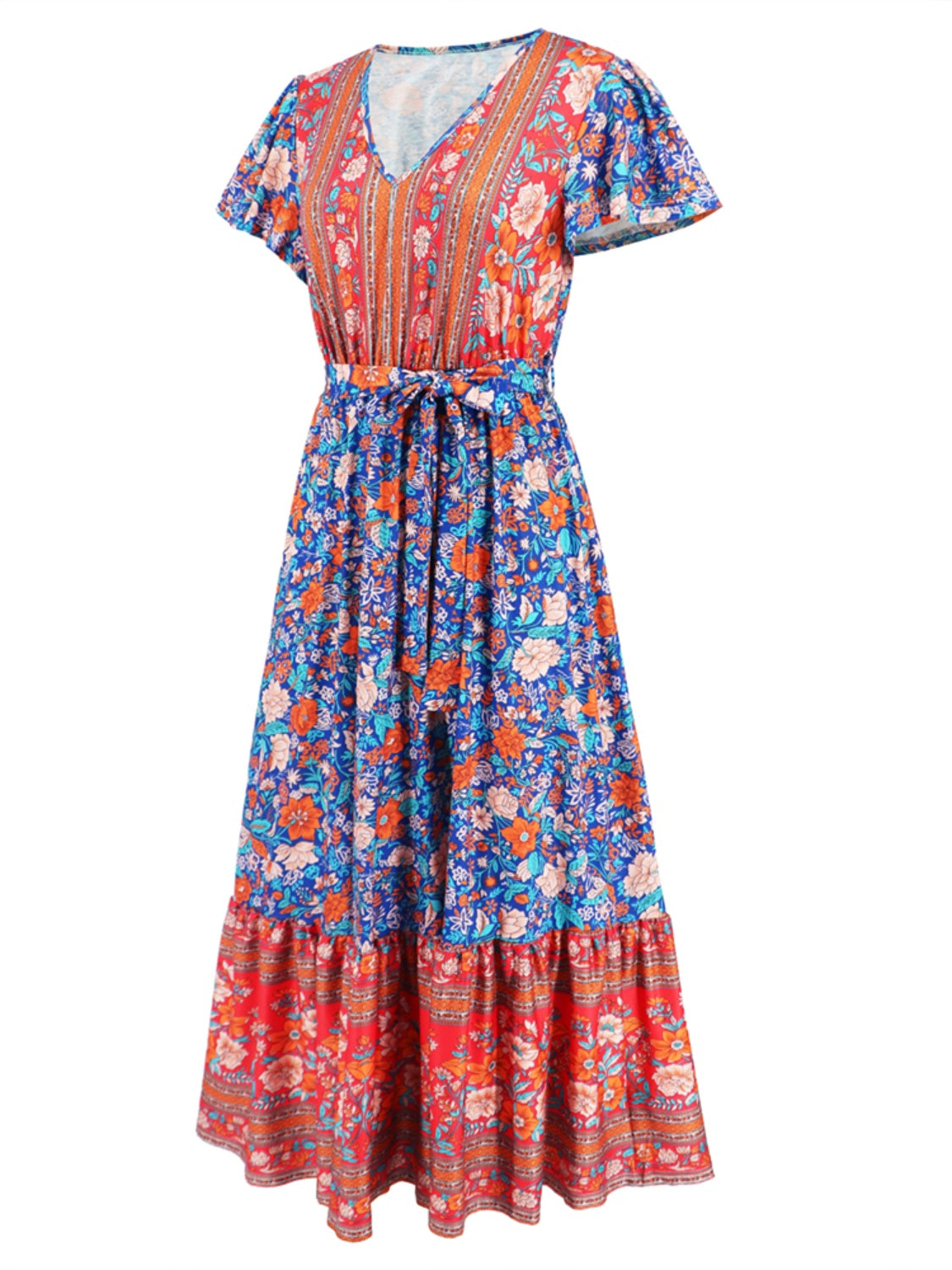 Tied Printed V-Neck Short Sleeve Boho Wedding Guest Dress [Spirit and Rebel]   