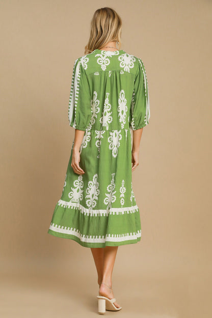 Printed Notched Midi Dress