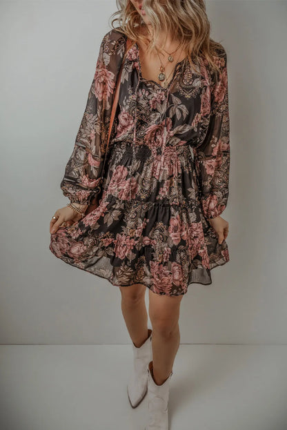 Printed Tie Neck Long Sleeve Mini Dress - Spirit and Rebel [Spirit and Rebel]   