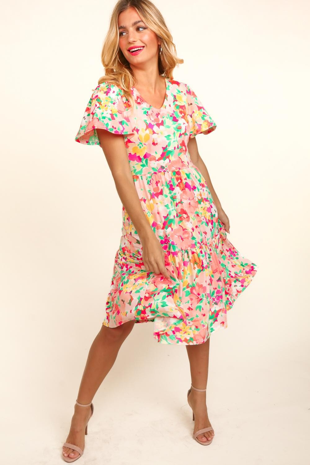 Tiered Floral Midi Boho Dress with Pockets - Spirit and Rebel [Spirit and Rebel]   