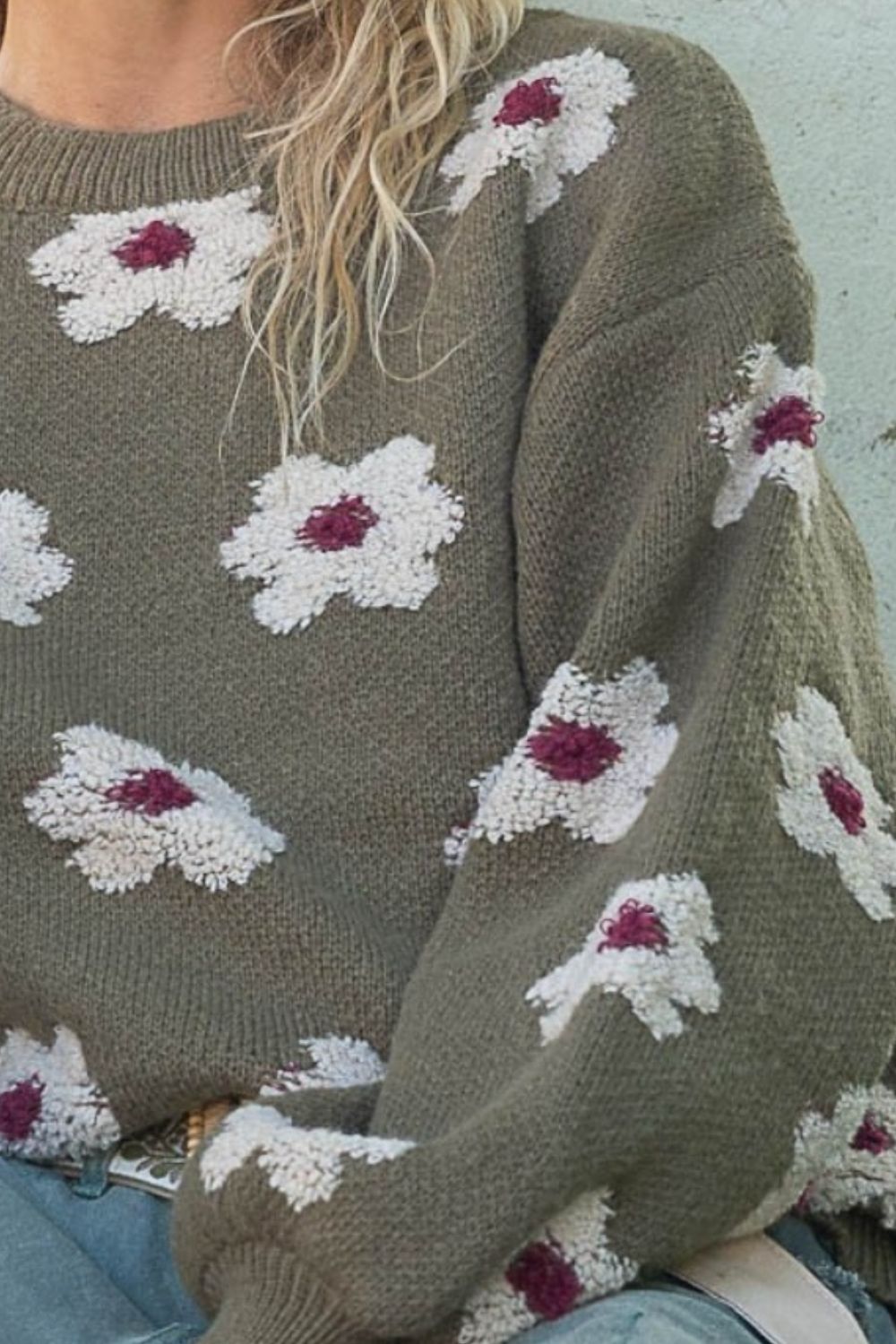 Daisy Pattern Drop Shoulder Boho Sweater - Spirit and Rebel [Spirit and Rebel]   