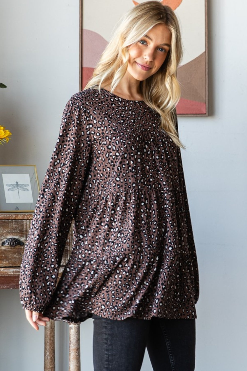 Spirit and Rebel Heimish Leopard Long Sleeve Tiered Bohemian Blouse [Spirit and Rebel]   