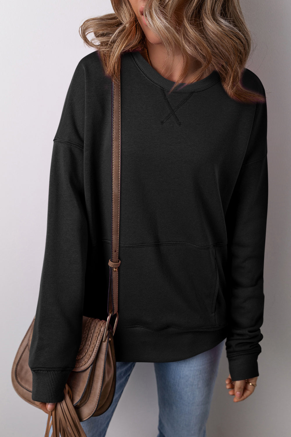 Solid Color Round Neck Long Sleeve Sweatshirt [Spirit and Rebel]