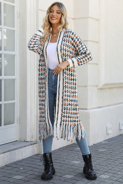 Multicolored Open Front Fringe Hem Boho Cardigan Kimono [Spirit and Rebel] Sherbet 3XL 