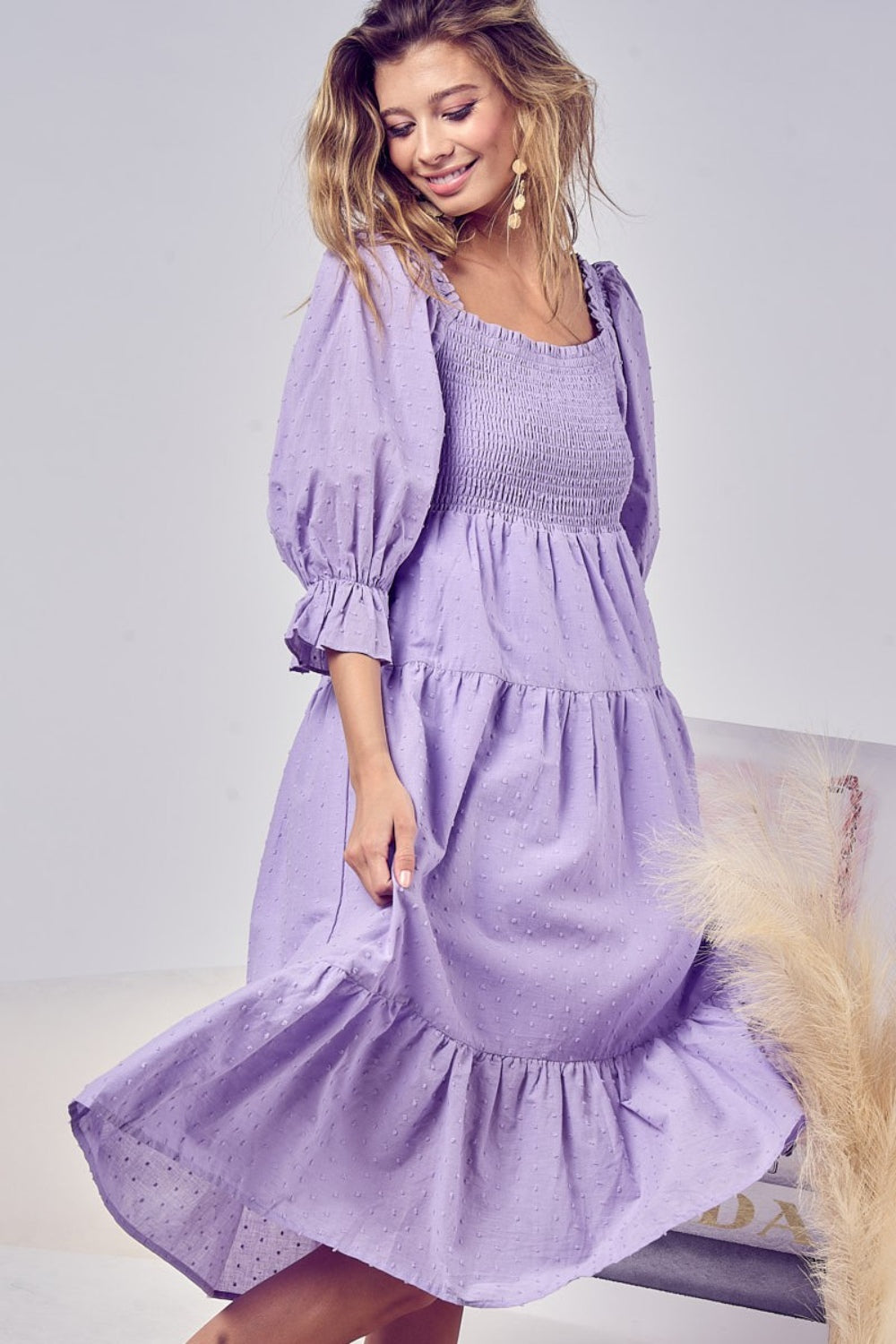 Spirit and Rebel Swiss Dot Flounce Sleeve Smocked Tiered Midi Dress [Spirit and Rebel] Lavender S 