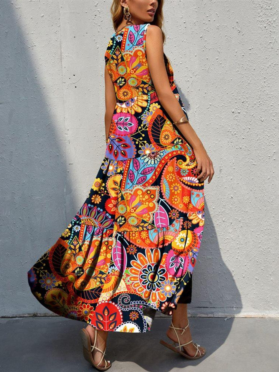 Boho Chic  Tiered Printed V-Neck Sleeveless Dress [Spirit and Rebel]   