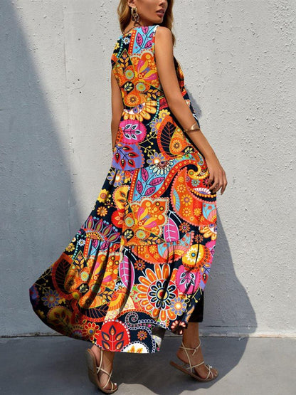 Boho Chic  Tiered Printed V-Neck Sleeveless Dress [Spirit and Rebel]   