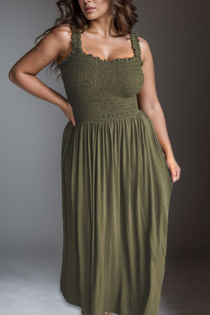 Plus Size Smocked Square Neck Boho Maxi Dress [Spirit and Rebel] Army Green 1XL 