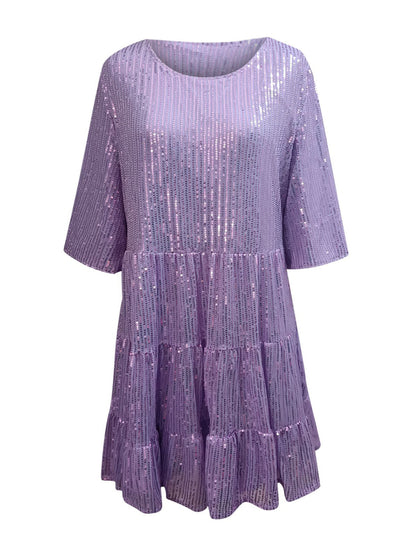 Plus Size Sequin Round Neck Half Sleeve Mini Boho Dress - Spirit and Rebel [Spirit and Rebel]   