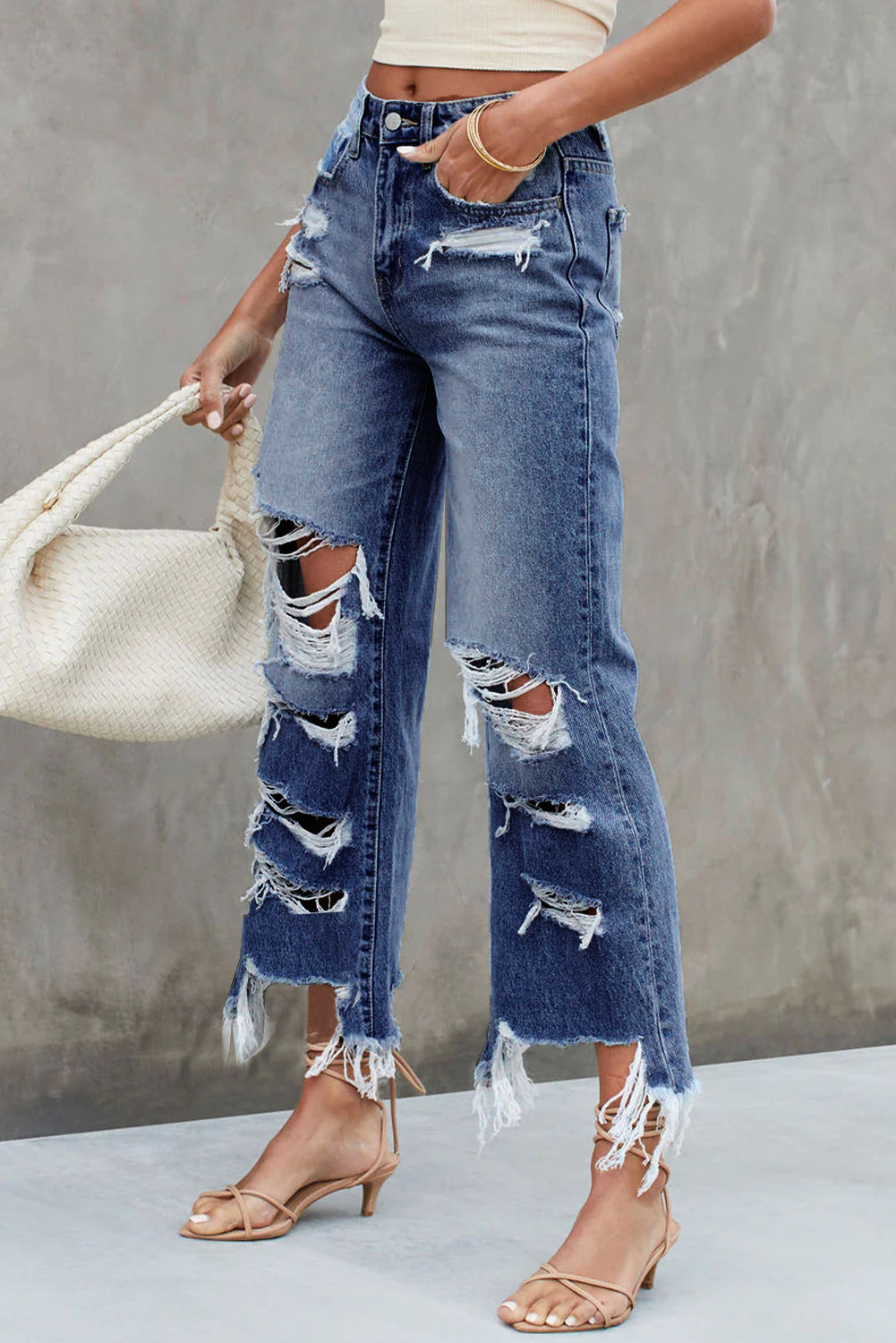 Distressed Raw Hem Boho Jeans with Pockets [Spirit and Rebel]   