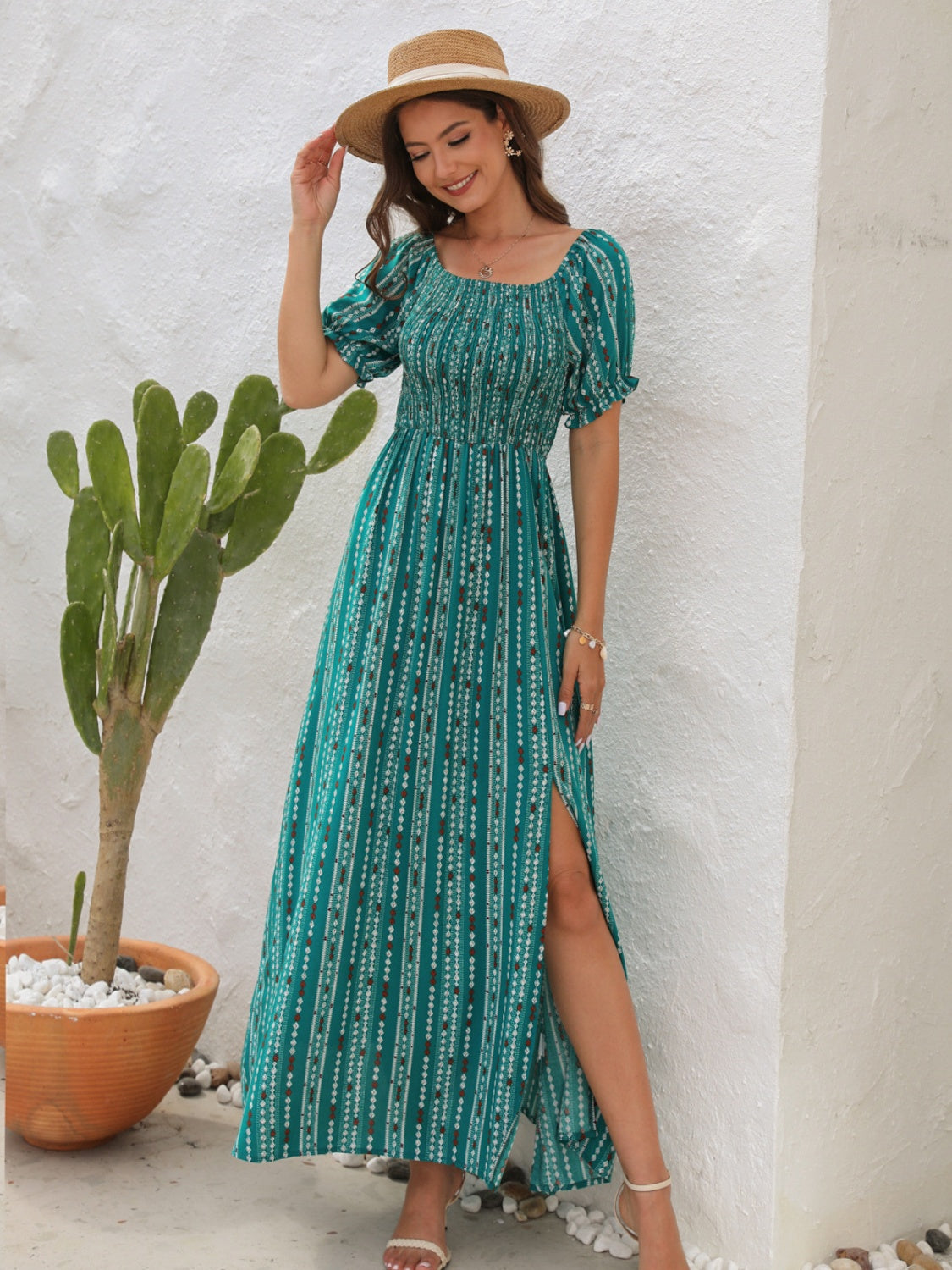 Slit Printed Short Sleeve Boho Dress [Spirit and Rebel] Turquoise S 