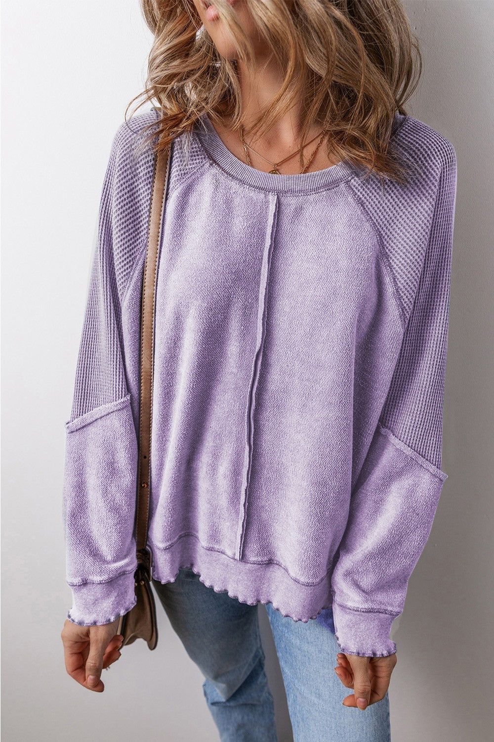 Round Neck Long Sleeve Boho Sweatshirt - Spirit and Rebel [Spirit and Rebel] Lavender S 