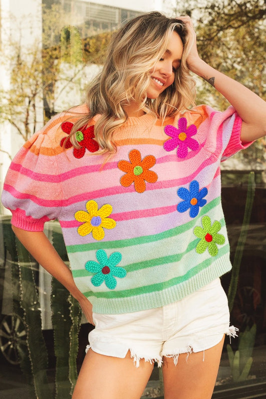 Flower Patch Puff Sleeve Striped Boho Sweater - Spirit and Rebel [Spirit and Rebel] Apricot Multi S 