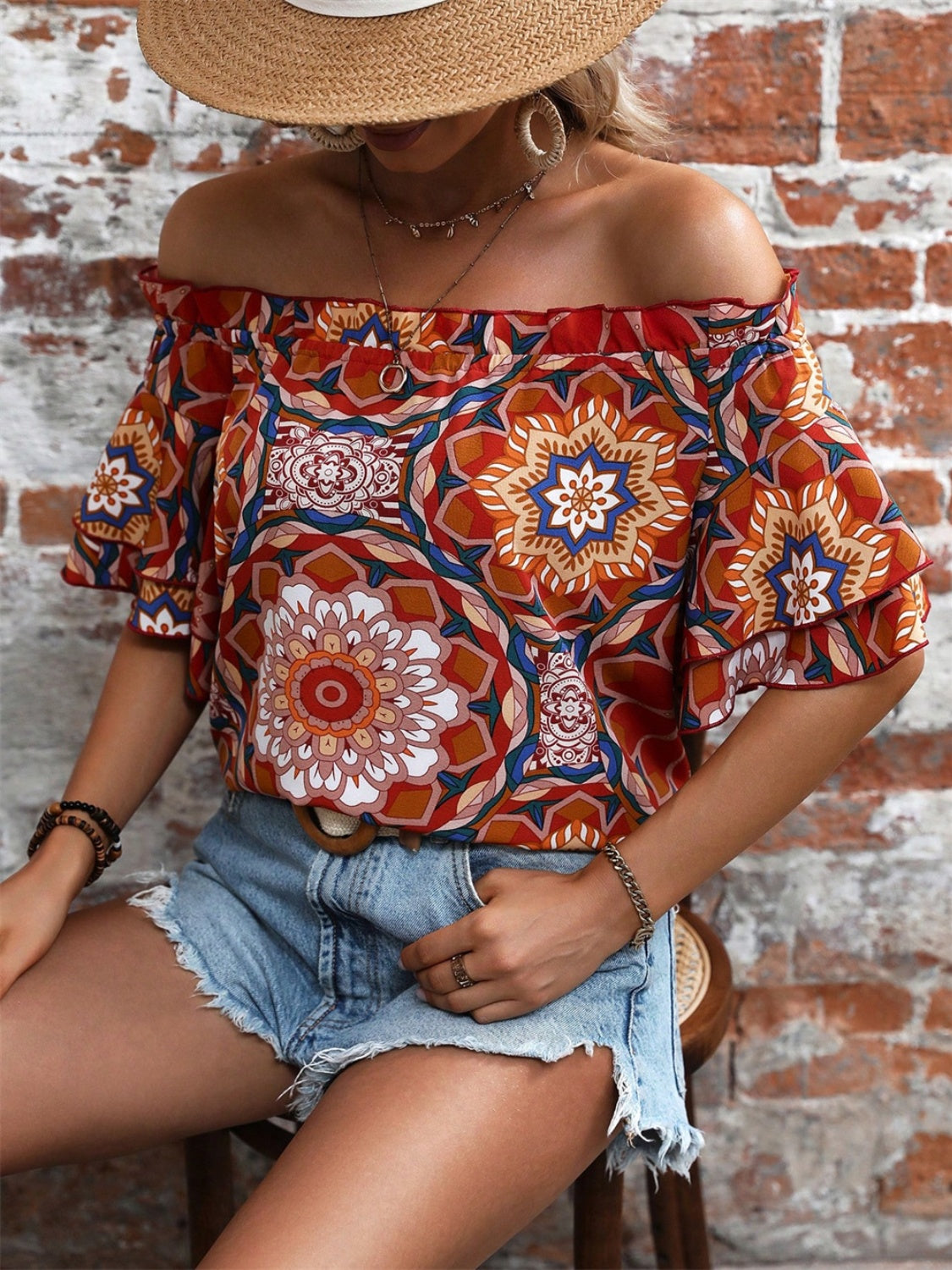 Printed Off-Shoulder Half Sleeve Boho Blouse - Spirit and Rebel [Spirit and Rebel]   