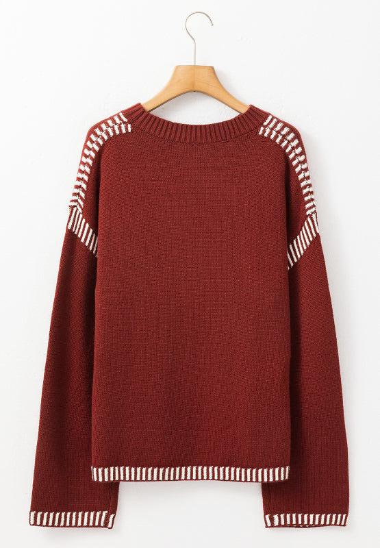 Spirit and Rebel Striped Detail Round Neck Dropped Shoulder Boho Sweater [Spirit and Rebel]   