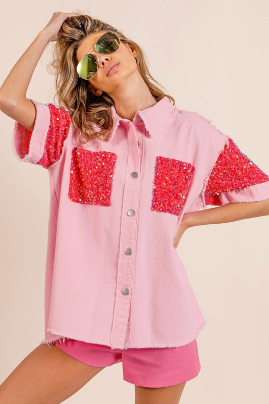 Sequin Detail Raw Hem Short Sleeve Boho Shirt - Spirit and Rebel [Spirit and Rebel] Pink/Fuchsia S 