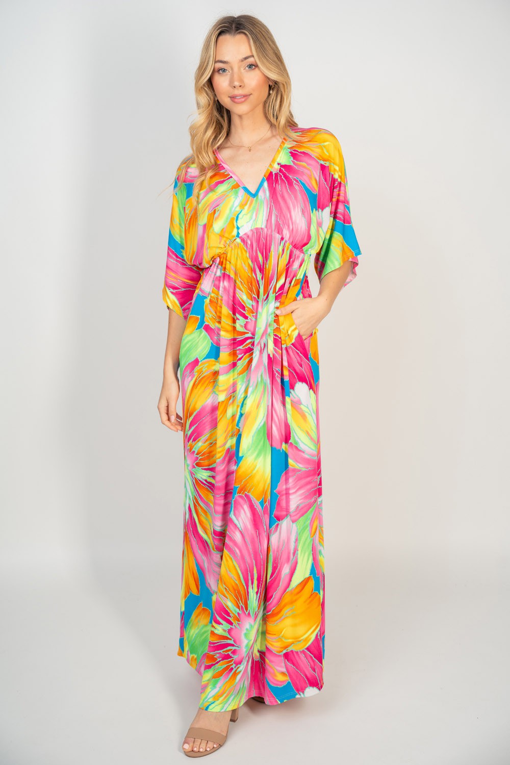 White Birch Printed V-Neck Maxi Dress with Pockets [Spirit and Rebel] Multi S 