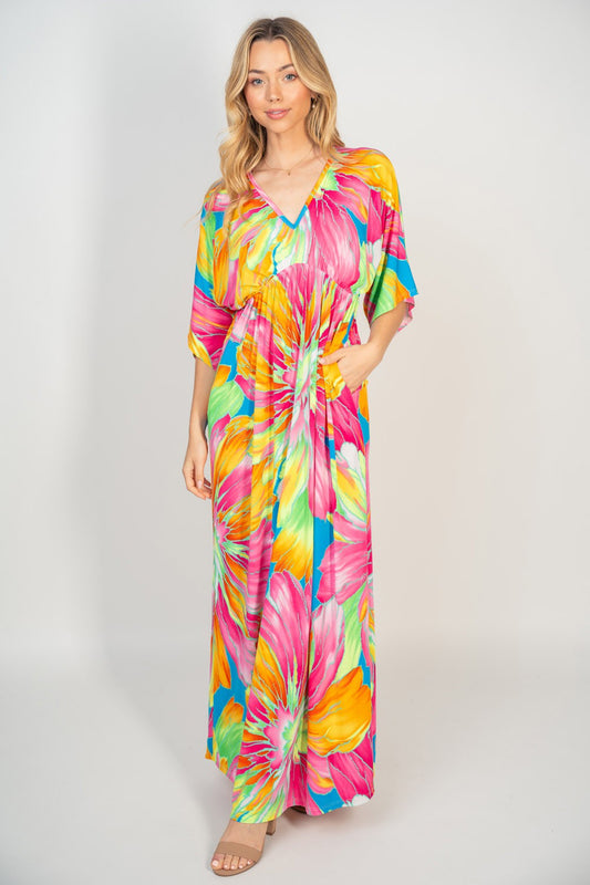 White Birch Printed V-Neck Maxi Dress with Pockets [Spirit and Rebel] Multi S 