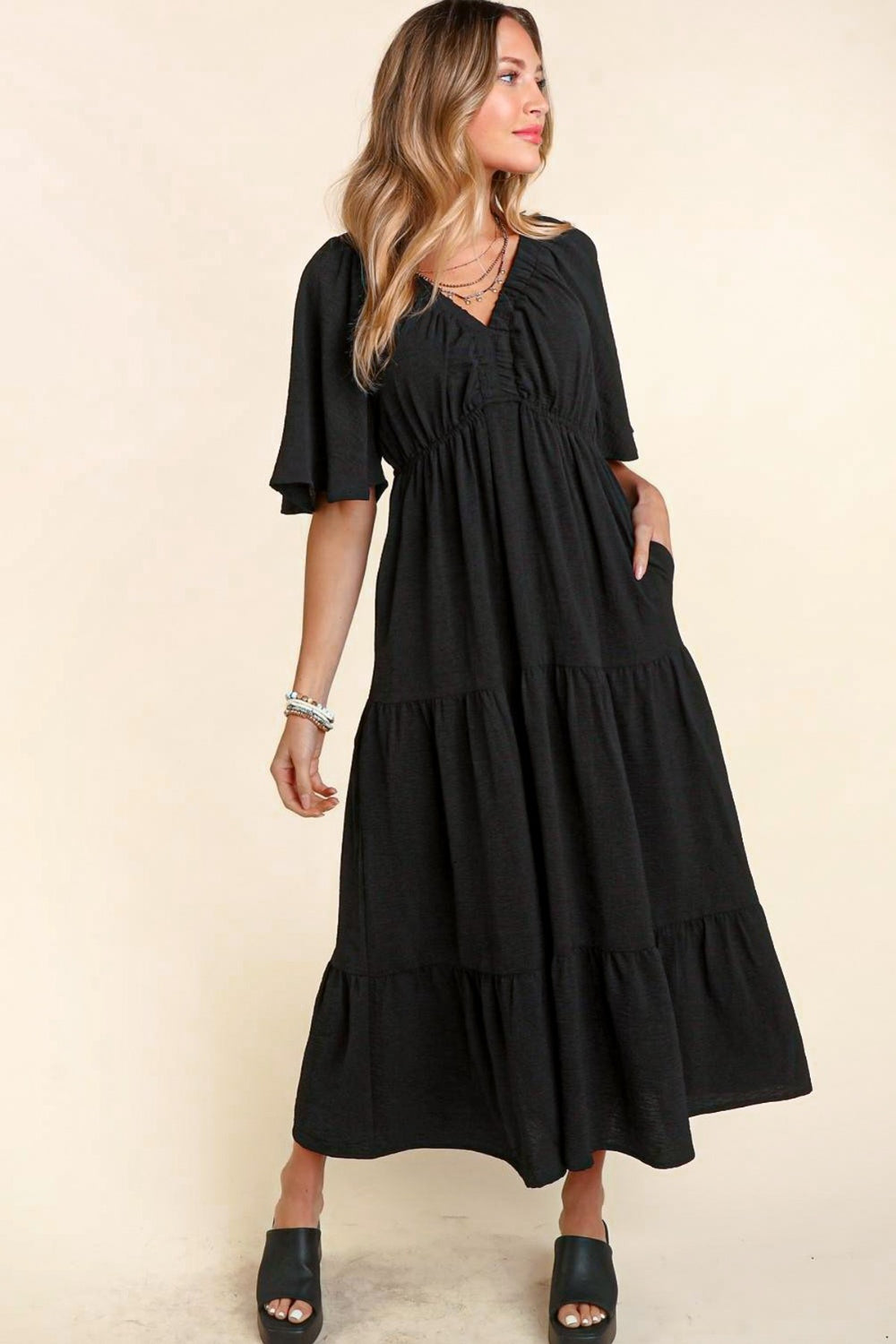 Spirit and Rebel Tiered Babydoll Boho Maxi Boho Dress with Side Pocket [Spirit and Rebel] Black S 