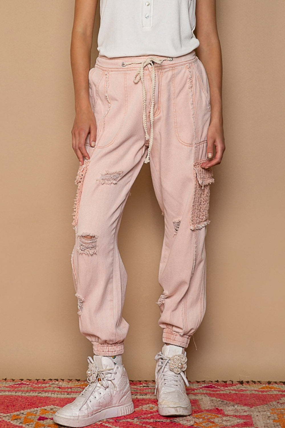 Distressed Cargo Denim Jogger with Crochet Pockets - Spirit and Rebel [Spirit and Rebel]   