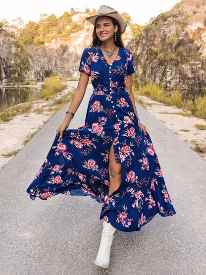 V-Neck Short Sleeve Maxi Dress [Spirit and Rebel]   