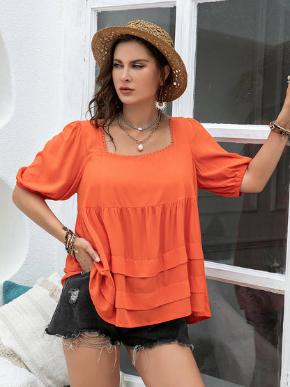 Plus Size Square Neck Half Sleeve Boho Blouse - Spirit and Rebel [Spirit and Rebel]   