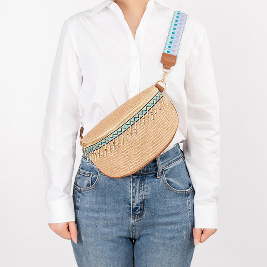 Bead Trim Straw Weave Crossbody Boho Bag - Spirit and Rebel [Spirit and Rebel] Khaki One Size 