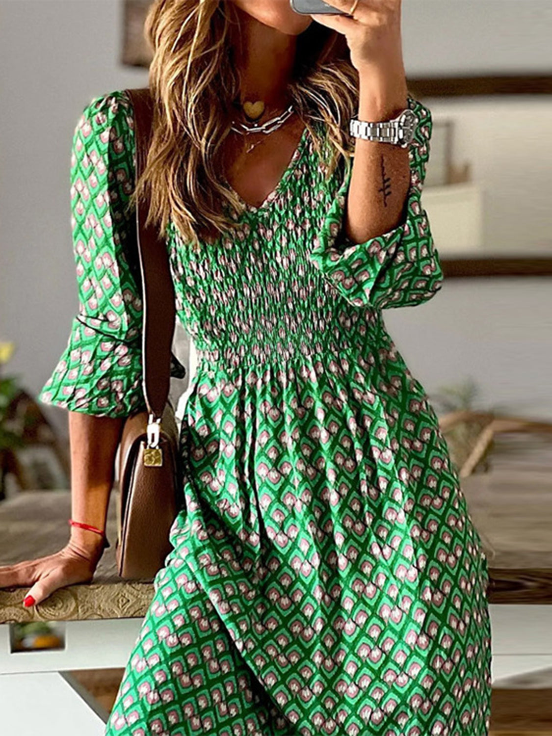 Smocked Printed V-Neck Midi Boho Dress - Spirit and Rebel [Spirit and Rebel]   