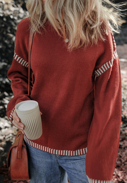 Spirit and Rebel Striped Detail Round Neck Dropped Shoulder Boho Sweater [Spirit and Rebel]   