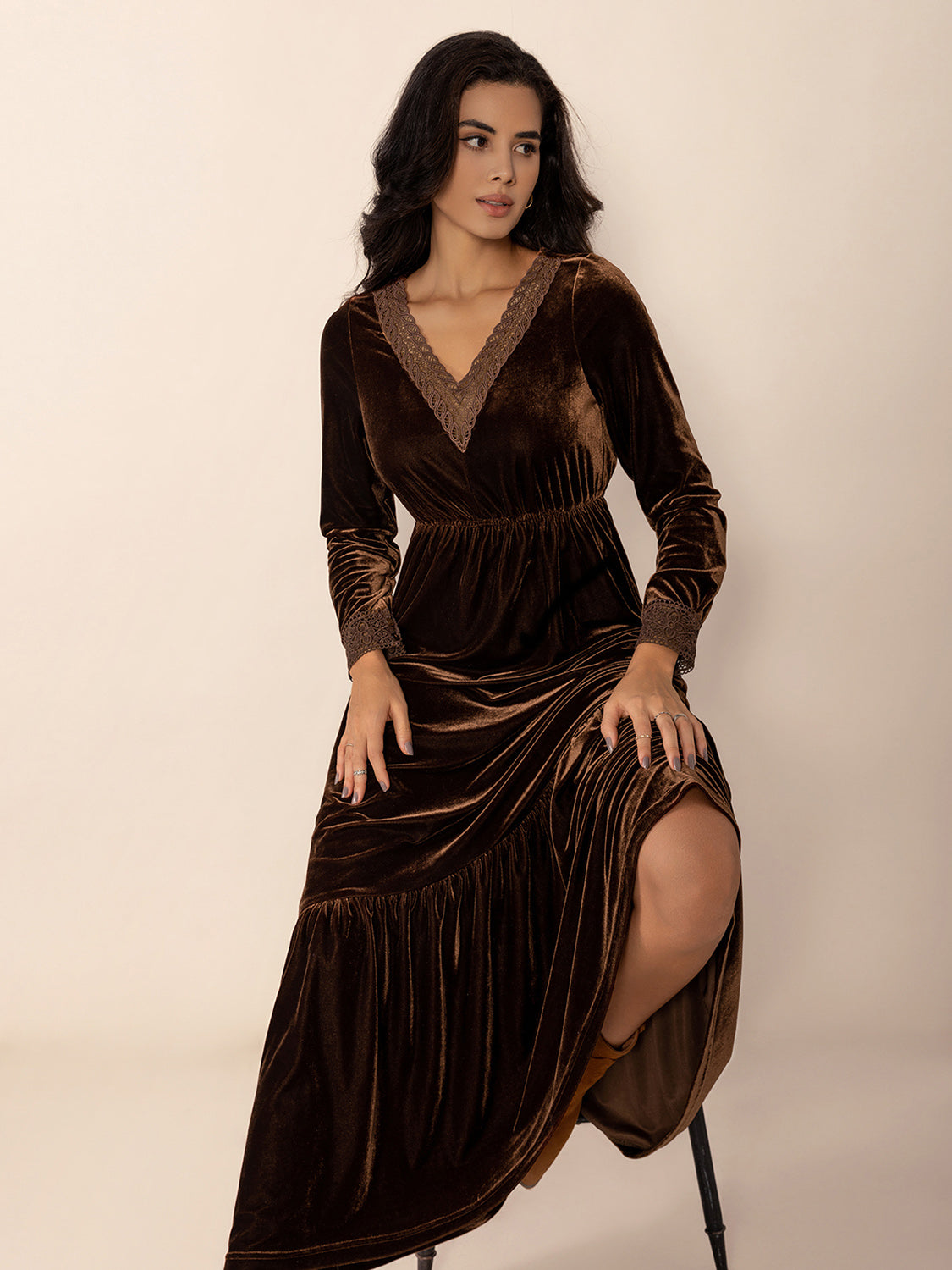 Spirit and Rebel Lace Detail V-Neck Long Sleeve Maxi Dress [Spirit and Rebel]   