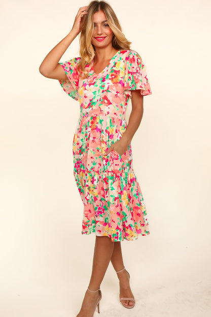 Tiered Floral Midi Boho Dress with Pockets - Spirit and Rebel [Spirit and Rebel]   