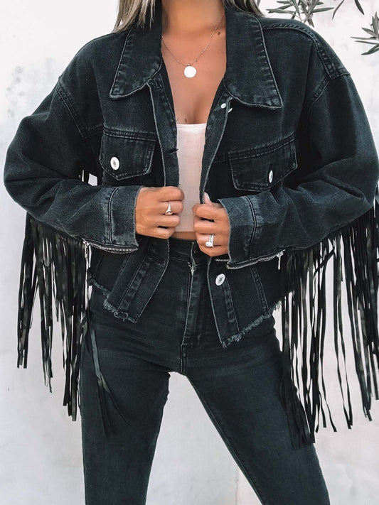 Fringe Button Up Long Sleeve Denim Boho Jacket - Spirit and Rebel [Spirit and Rebel] Black S 