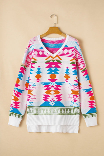 Spirit and Rebel Geometric V-Neck Long Sleeve Boho Sweater [Spirit and Rebel]   